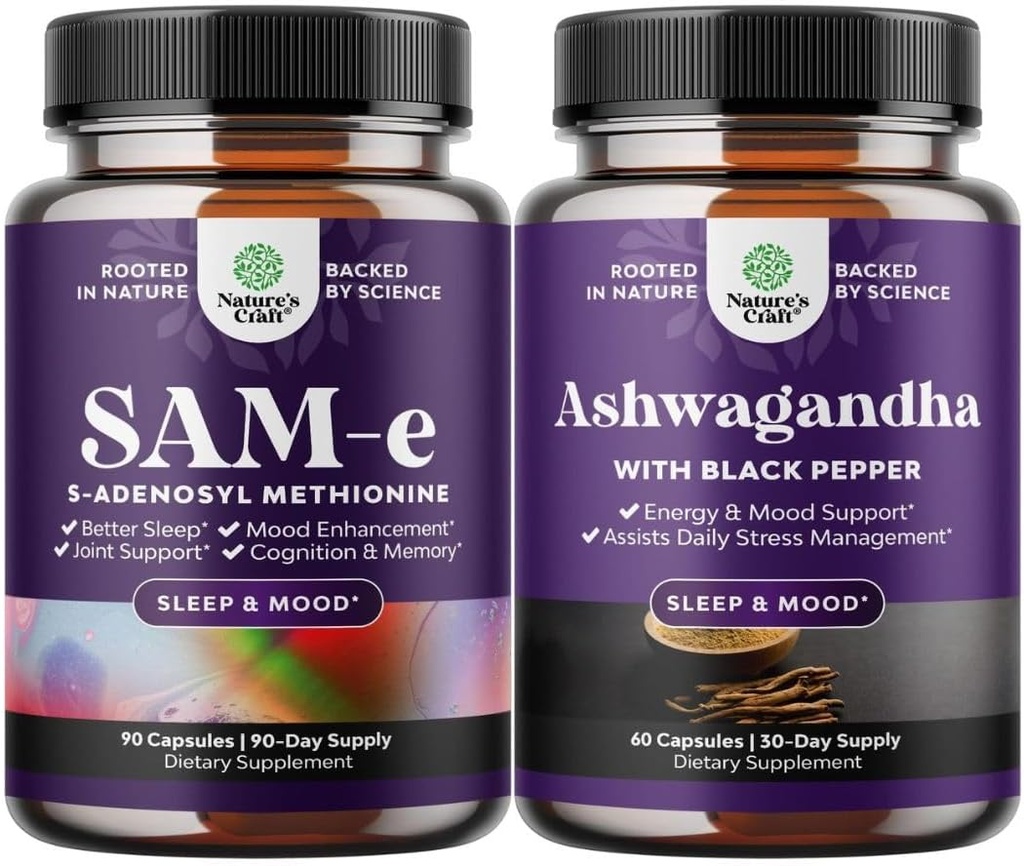 Bundle of Pure SAM-E Nootropic Brain Supplement and Mood Enhancer Organic Ashwagandha Capsules - Brain Support Supplement - Thyroid Energy Focus and Adrenal Support