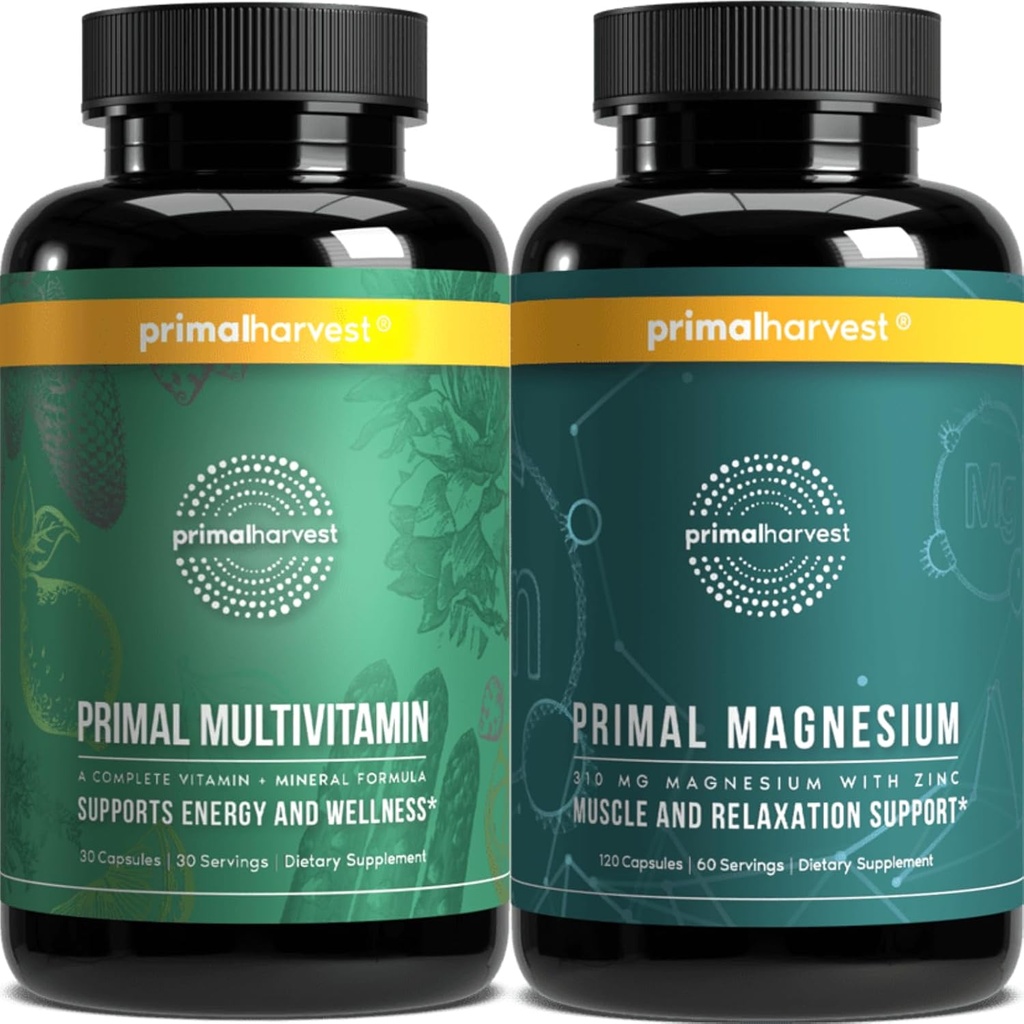 Primær Høst Multivitamin & Magnesium Kosttilskud til kvinder og mænd Multi Vitamin Kapsler og Magnesium Glycinate Pills Bundle