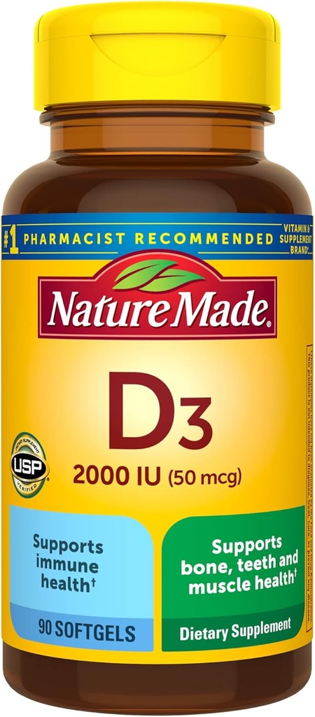 Vitamina D3 2000 IU (50 mcg), Integratore di vitamina D per Bone, denti, supporto per la salute muscolare e immunitario, 90 Softgels, alimentazione di 90 giorni