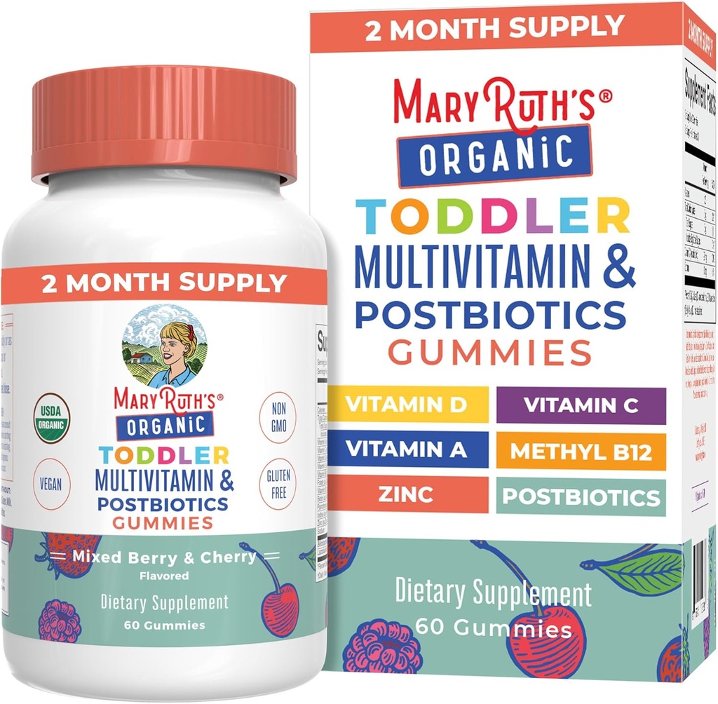 MaryRuth Organics Toddler Multivitamin Gummies + Postbiotika | USDA Organic | Vitaminer for barn Alder 2+ | Immunstøtte | Vitamin C | Vitamin D3 | Vitamin A | Zinc | Vegansk | Ikke-GMO | 60 Serveringer