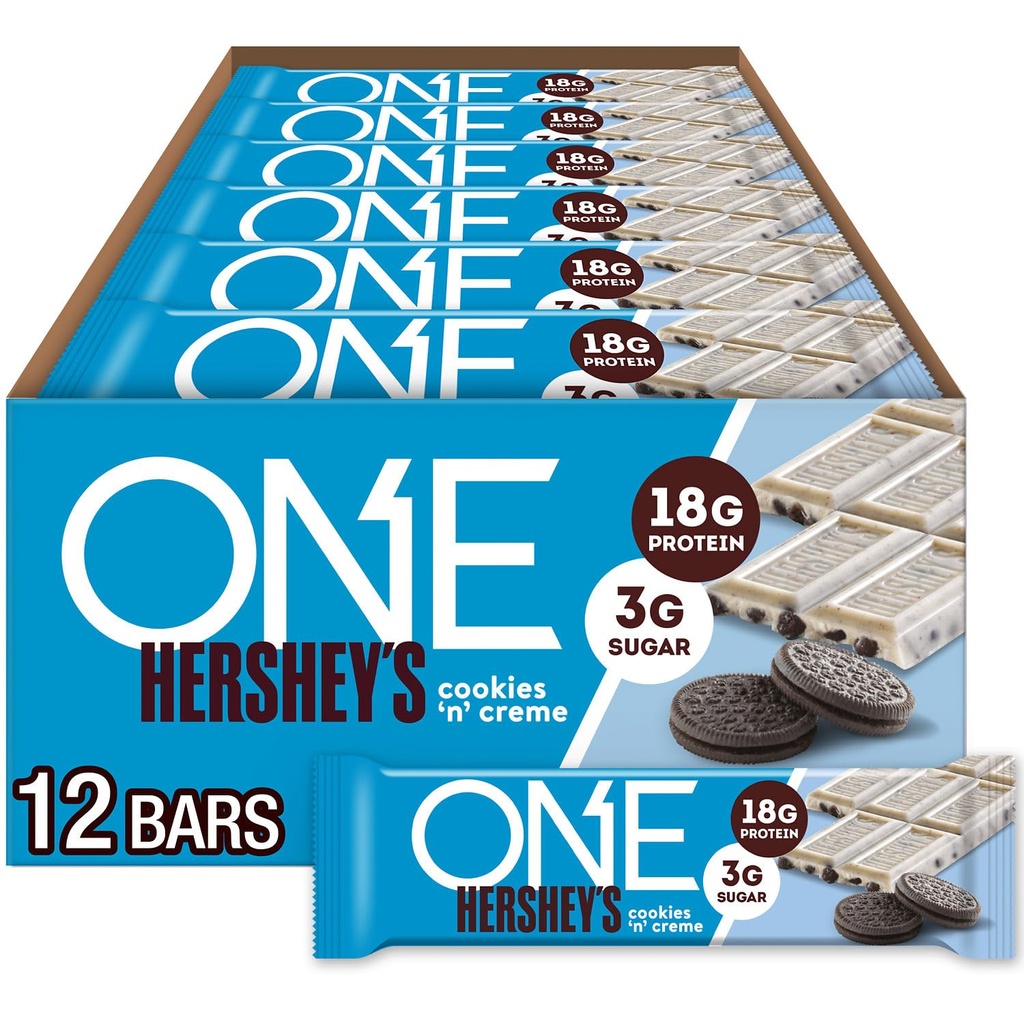 ONE Protein Bary, Hershey 's Cookies' n 'Creme, gluten Free with 18g Protein and 3g Sugar, Pantry Staples, 2.12 oz (12 Count)
