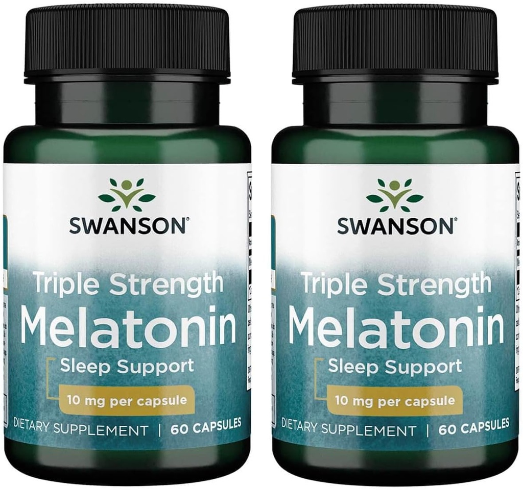 Swanson Triple Strength Melatonin - 분산 수면 사이클을위한 자연 수면 지원 - (60 캡슐, 10mg 각) 2 팩
