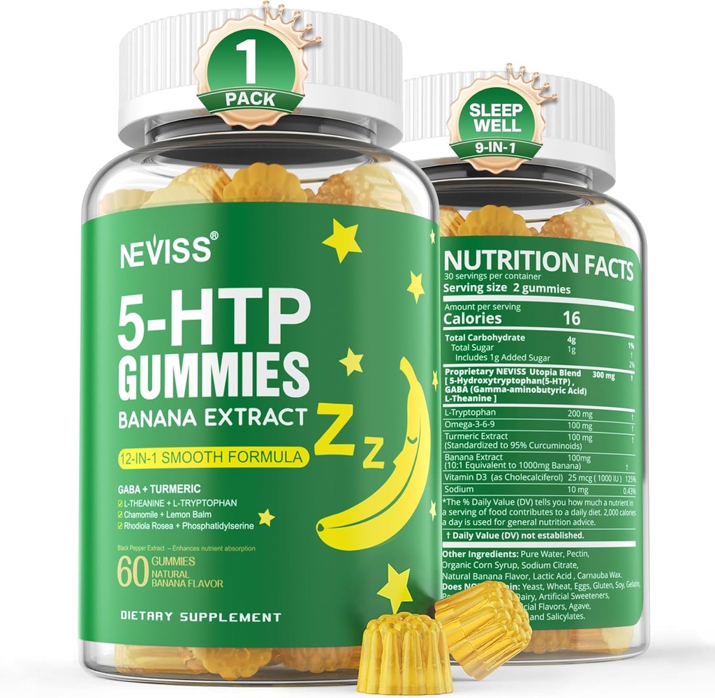 NEVISS 1Pack 5-HTP Gummies + GABA - Melatonin Free - Gummies de relaxación con Banana Extracto, L-Theanine, L-Tryptophan, vitamina D3 para o ciclo de descanso saudable e ritmo circadiano, función cerebral e relaxación muscular
