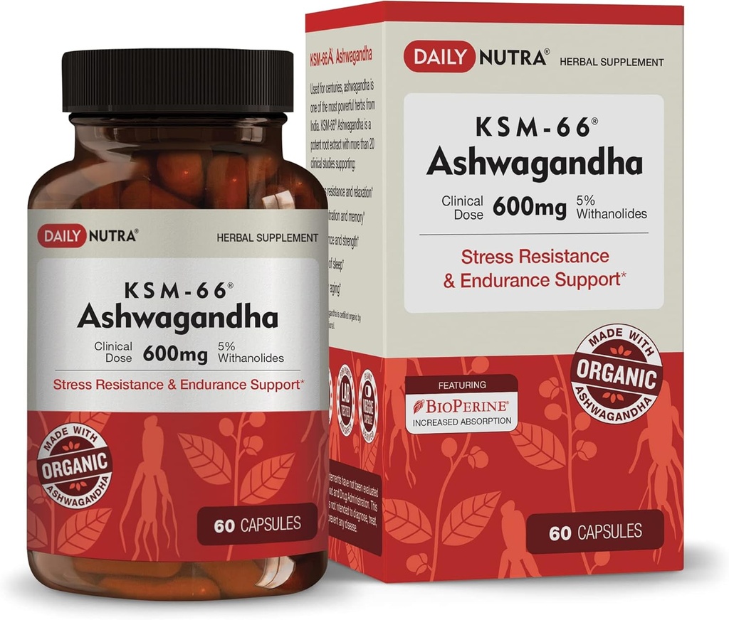 DailyNutra KSM-66 Ashwagandha 600mg Organic Root Ekstraktı - 5% Withanolides ilə Yüksək Potensial Təhlükəsizliyi, Supports Relaxation, Focus, Energy, & Muscle Growth (60 Capsules)