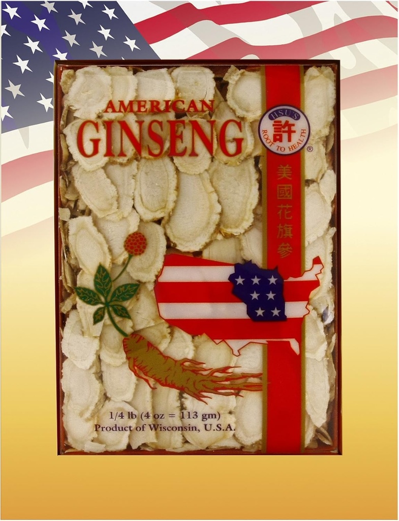 Hsu 's SKU 01264- 124; pěstované Wisconsin- grown 124; American Ginseng Mixed Large- Medium Slices 0126- 124Oz Box