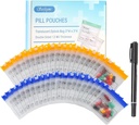 Serfeymi 72 Pcs sacchetto di pz per viaggio sacchetti di plastica riutilizzabili 3"x3" 12 mil (Double Sided) Traslucido Zipper Pill Pouches for Medicine with Slide Lock & Writable Label, 1x Marker-Blue+ Giallo