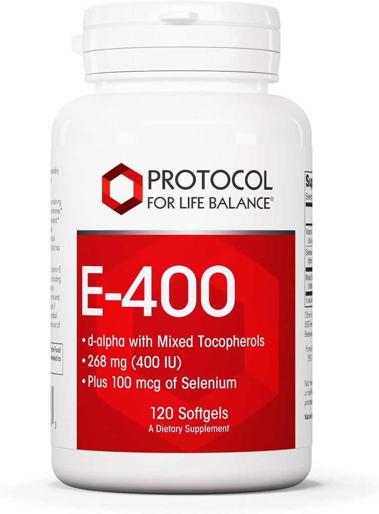 Protocolo E-400 268 (400 UI) - Vitamina E Softgels - Suplemento de antioxidantes com selênio - d-Alpha com tocoferóis mistos - Dairy Free & Halal - 120 Softgels