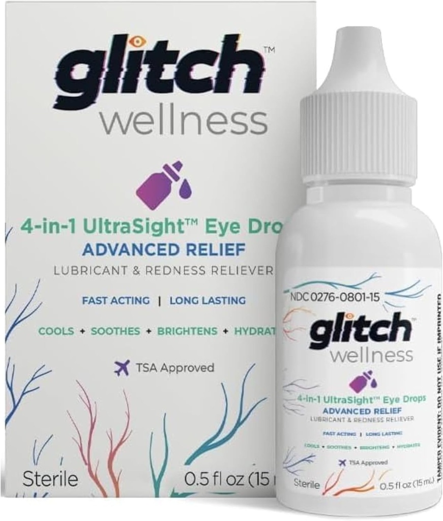 Glitch UltraSight Eye Drops for Dry Eyes 15mL - 4 in 1 Advanced Relief Dry Eye Drops - Hydration, Brightening, Cooling - 효과적으로 Soothes Irritation & Dryness - 0.5 Fl Oz와 함께 하루의 편안함