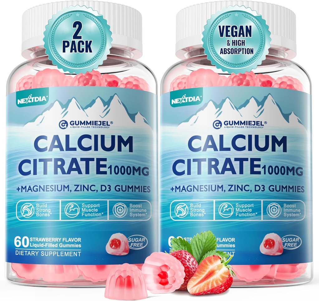Kalsium Citrat 1000mg, Calcium Gummies dengan Calcium & Magnesium 2: 1 Rasio, Plus Vitamin D3, Zinc, B6 & Potasium - Tinggi Diasorbable Calcium Chewable, Bone & Muscle Dukungan, Vegan, Sugar- Free, 120 Cts
