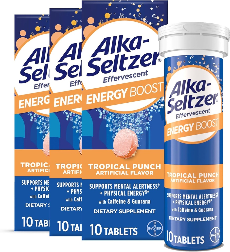 Alka-Seltzer Energy Boost: Kofein & Guarana, B Vitamini, Podpira duševno budnost in fizično energijo, Dnevna energijska dopolnila, Fizzy Tablets, Sugar-free, Lahek tropski Punch Flavor, 30ct