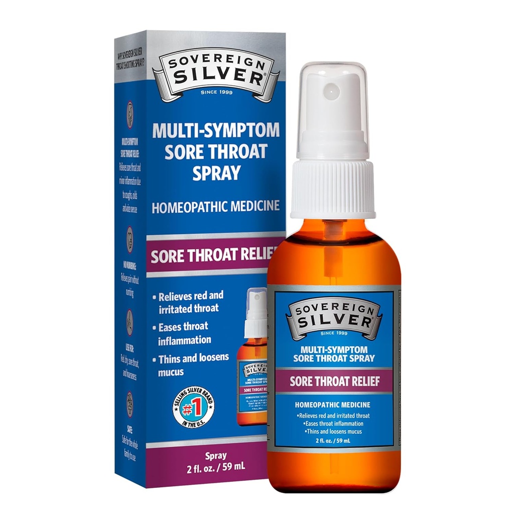 Sovereign Silver Sore Throat Spray - Colloidal Silver Throat Spray, Immune Supplemen untuk Dewasa dan Anak-anak, Daily Use Liquid Argentum Solusi - 2 fli oz (59mL)