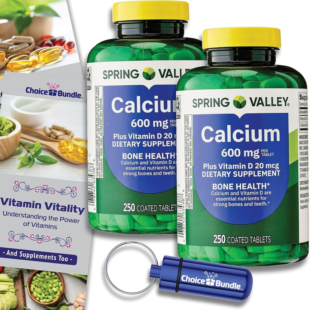 Choice Bundle Spring Valley Calcium Plus Vitamin D Tablet 600 mg 250 Ct 2 pk (500 Total) + "Vitamin Vitalitas" Panduan & Pil (4 Item)!
