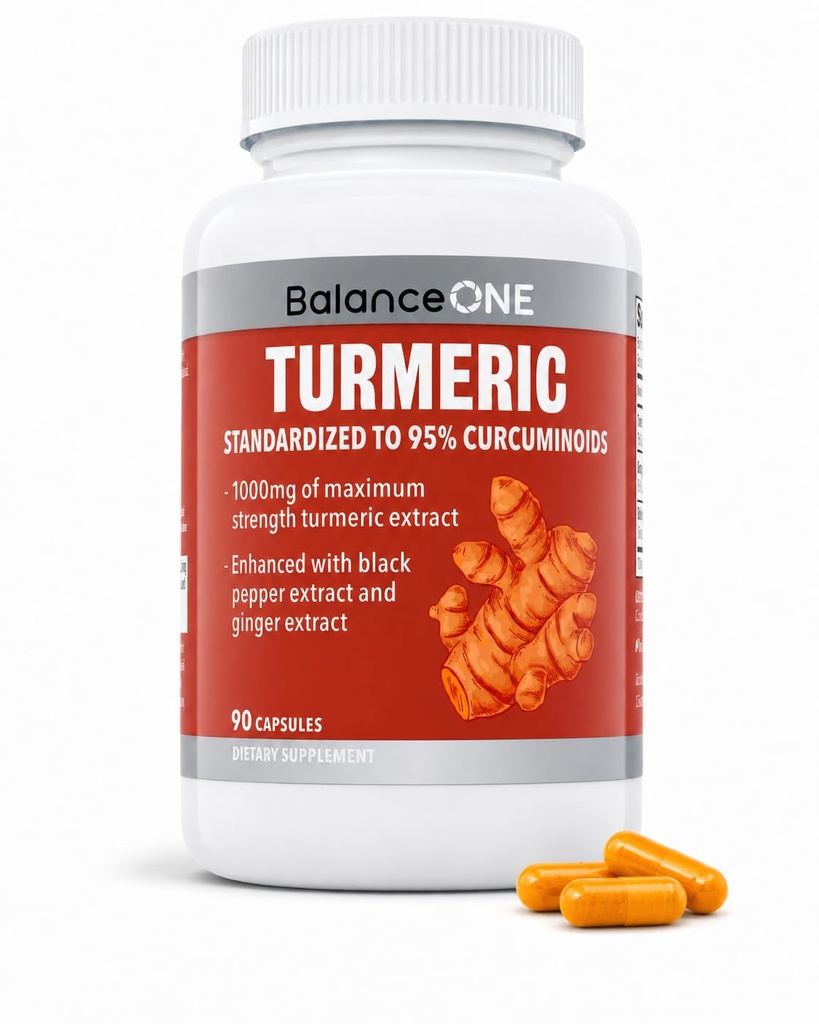 Balance ONE Turmeric Extract 1000mg - Turmeric Curcumin Supplement with 95% Curcuminoids, Black Pepper Piperine & Ginger - Joint Comfort & Antioxidant Support