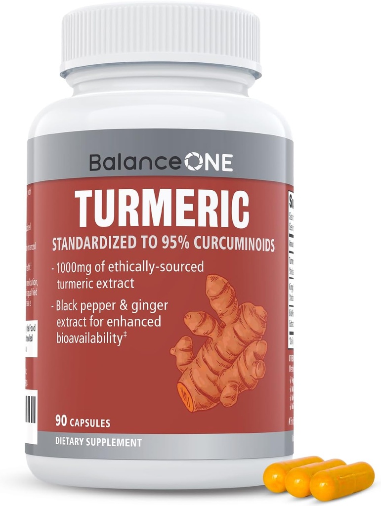 Balance One Turmeric Extract 1000mg with Max Strength 95% Curcuminoids - Kurkumina Kurkumina suplement dla Joint Comfort & Antioksydant Support - Ginger Extract and BioPerine - 1 Miesiąc Dostawy