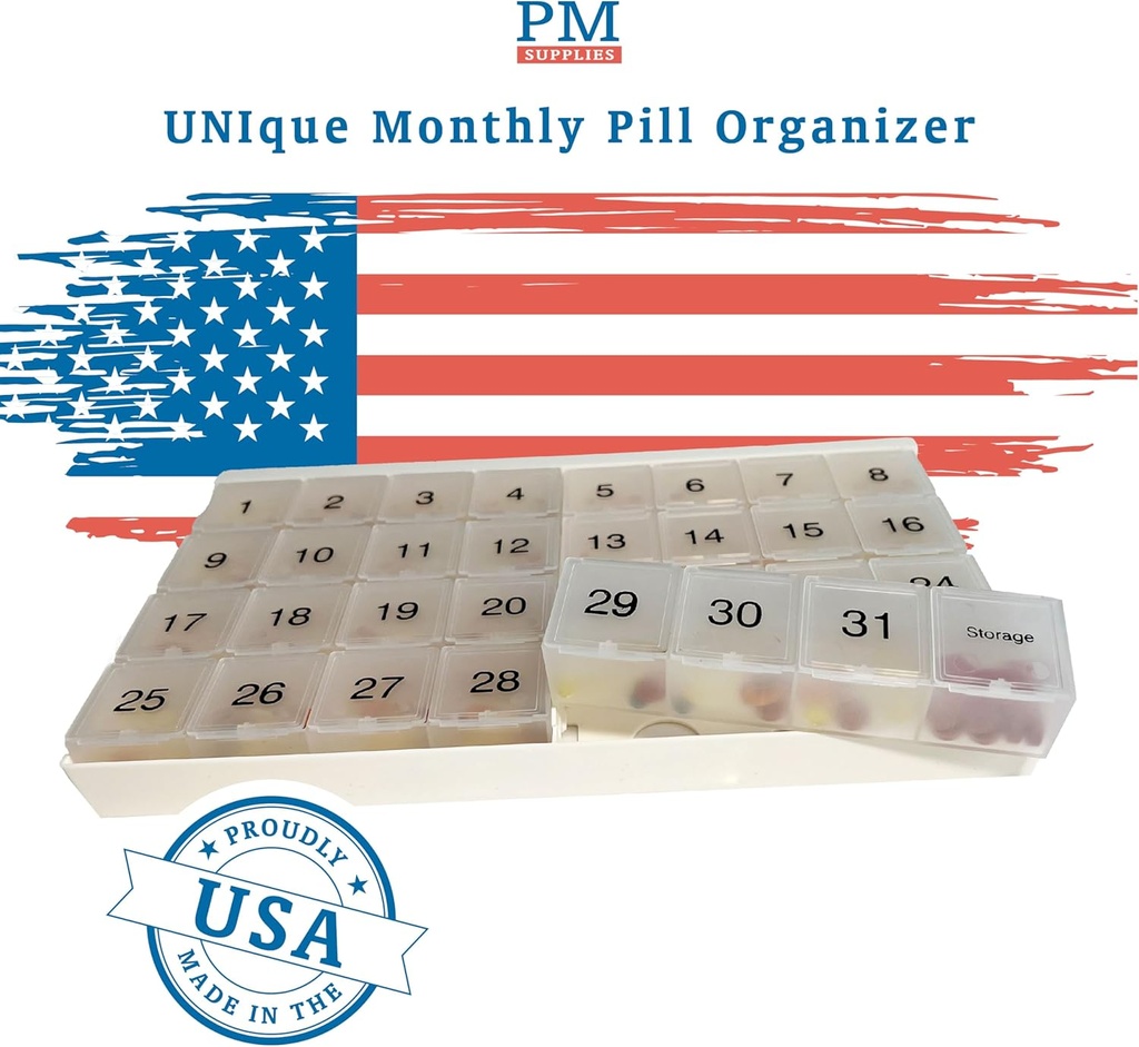 Unikátní XL Monthly Pill Organizer s 31 oddíly, 1 za den, 4 Týden Full Monthly 31 Day Pill Organizer, Obsahuje Tray a 8 Extra Velké odstranitelné oddíly