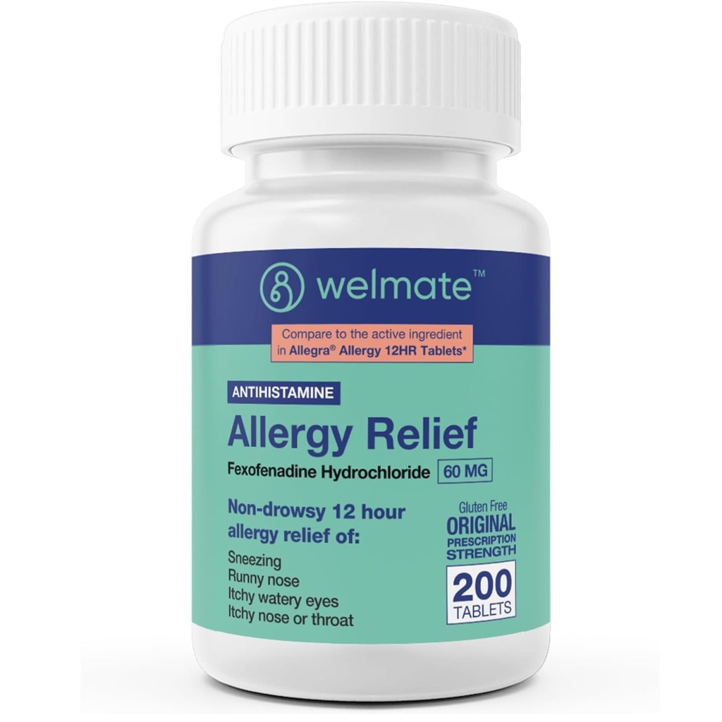 WELMATE Fexofenadine 60mg (200 Tablets) Non Drowsy Allergy Relief - 12 Hour Antihistamine for Sneezing, Runny Nose, Itchy Eyes - 100 Day Supply - Gluten Free