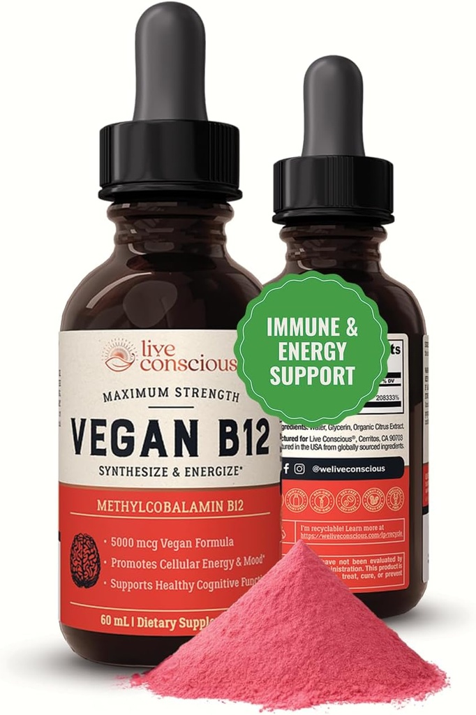 Live Conscious Vegan Vitamin B12 Sublingual Liquid Drops | Methylcobalamin Max Strength B12 5000mcg Formel | Vegan B 12 Vitamin Support Energy | Främja Memory & Aid Immune System | 60 Servering