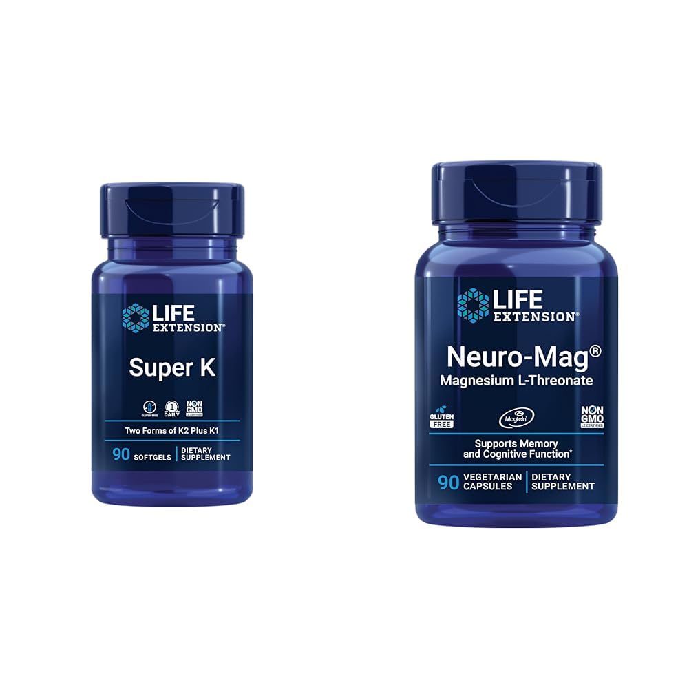 Life Extension Super K, Vitamin K1, Vitamin K2 mk-7, Vitamin K2 mk-4 & Neuro-mag Magnesium L-threonate, Magnesium L-threonate