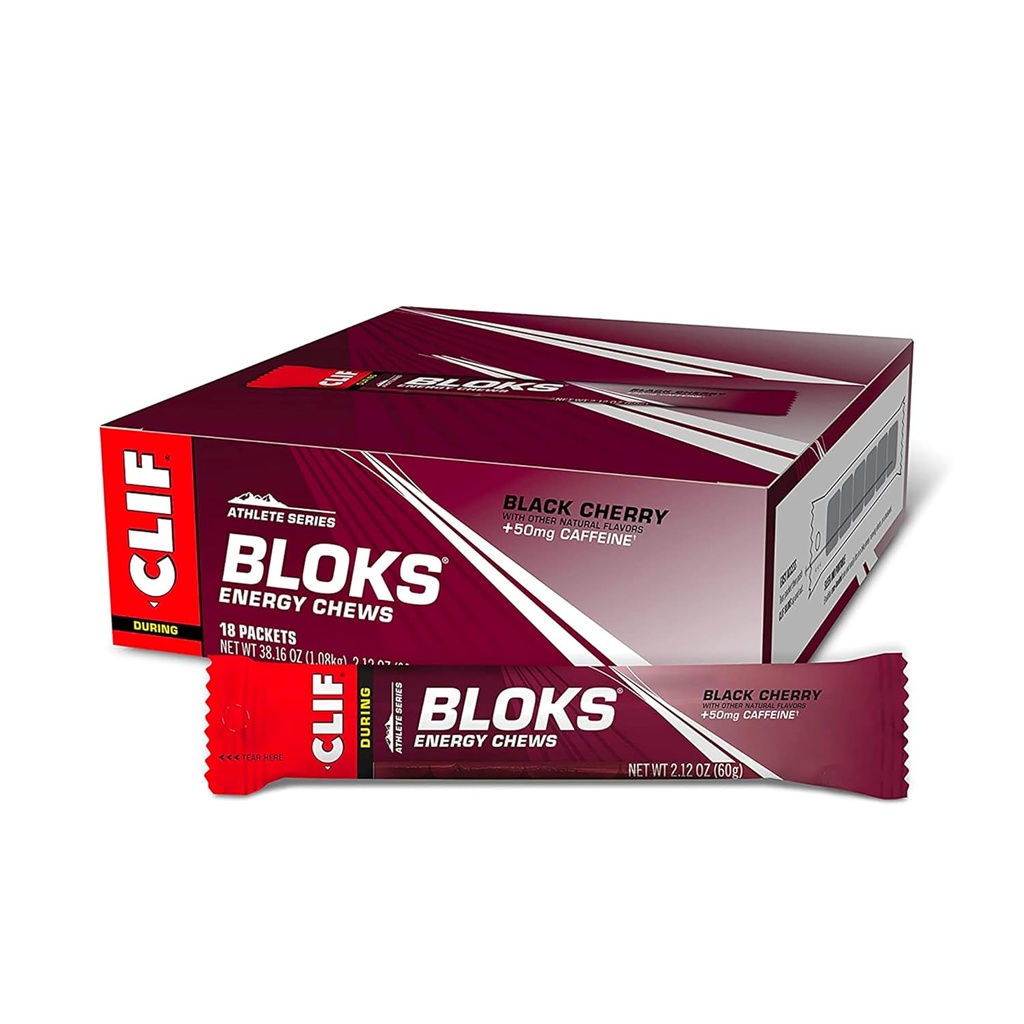 CLIF BLOKS - Black Cherry Flavor with Caffeine - Energy Chews - non-GMO - Plant Based - Fast Fuel for Cycling and Running - Quick Carbohydrates and Electrolytes - 2.12 oz.