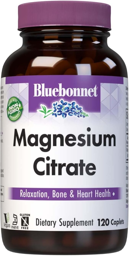 Citrate de Magnesio de Bluebonnet, 400 mg de Magnesio, Absorción Máxima, Apoyo a la Producción de Energía y Salud Inmune*, Libre de soja, Libre de gluten, No GMO, Kosher, Libre de lácteos, Vegan, 120 Caplets