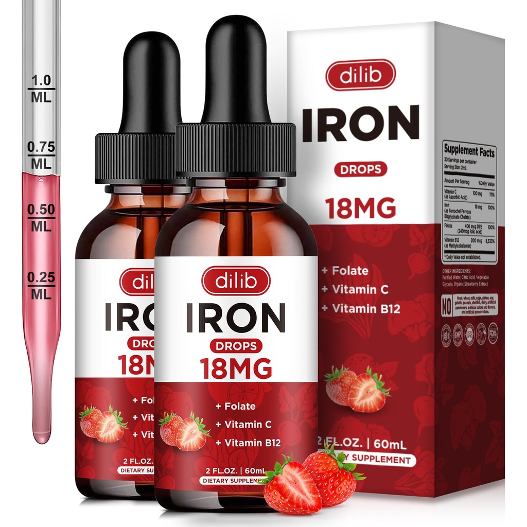 (2 Pack) Liquid Iron Supplement for Women & Men Iron Drops Iron Supplements for Anemia with Folate, Vitamin C, B12 for Red Blood Cell Support-Strawberry, 4 Fl Oz
