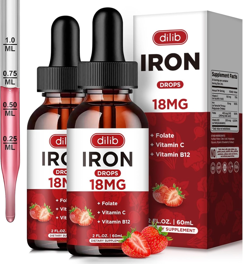(2 Pack) Supplemento di ferro liquido per le donne & uomini Gocce di ferro Supplementi di ferro per l'anemia con Folate, vitamina C, B12 per il supporto rosso della cella del sangue-Strawberry, 4 Fl Oz