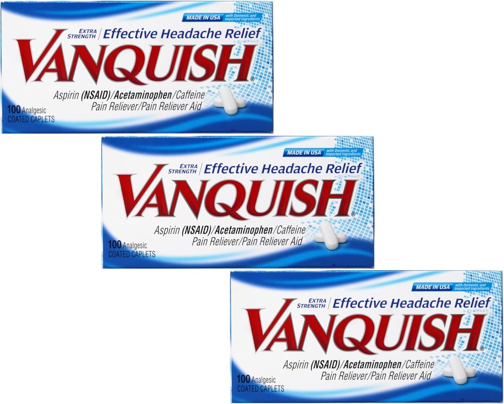 Vanquish Efektyvus galvos skausmas Religija - Aspirinas (NVNU), Acetaminofenas, Kofeinas, 100 Analgezic dengtos kapsulės - 3 Pack