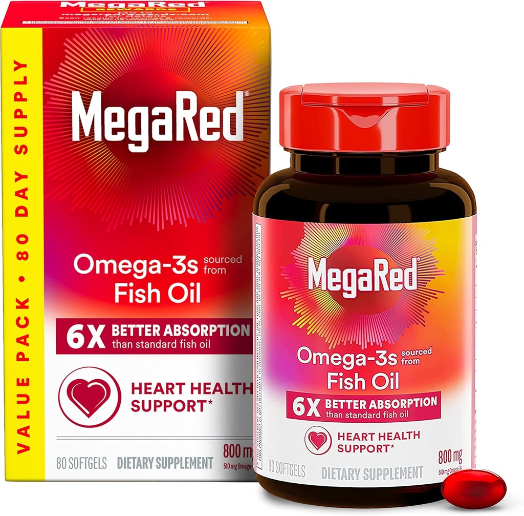 MegaRed Advanced 6X Absorption Softgels - Omega-3 Fish Oil Supplement 800mg (80 Count in A Box), EPA, DHA, Fish Oil, Supports Heart Brain Joints & Eyes