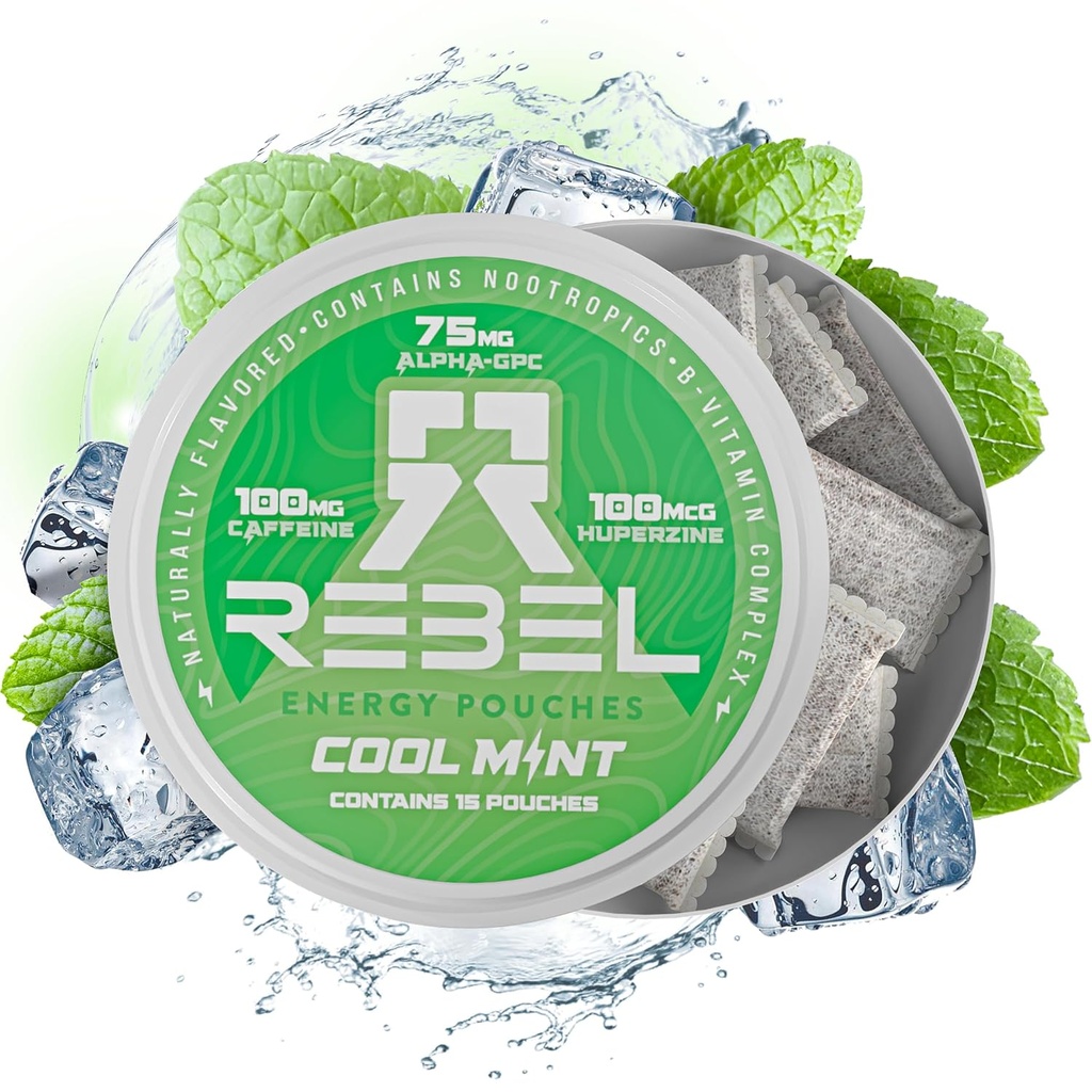 Nootropic Energy Comfeine Pouchs • 100mg Kofeiini • Alfa GPC • Huperzine A & Essential Vitamiineja • Sokeriton • Kookoskuituteknologia • Cool Mint Flavor • 15 Puches Per Can (Pack of 1)