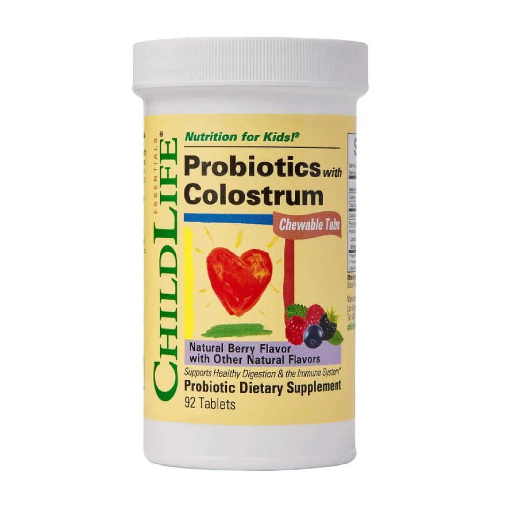 ChildLife Essentials ChildBiotics with Colostrum - Probiotics for Kids & for Digestive Health, Chewable Children's Probiotic, Colostrum for Kids, Gluten Free - Natural Berry Flavor, 92 Tablets