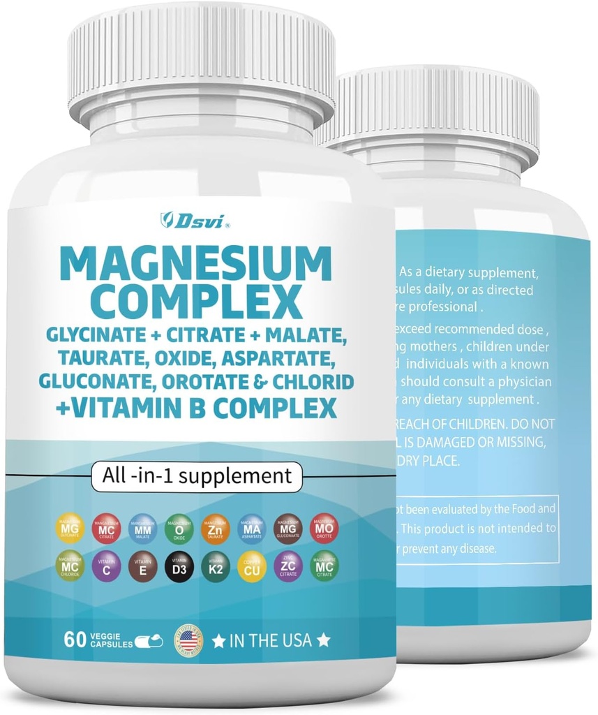 60 Count Magnis Complex 2285mg su magnio glicinatu Citrate Malate Oxide Taurate Aspartate Gluconate Othrough & Mag chloride, Cinko vario manganas ir vitaminas C B1 B2 B6 B12 Complex JAV