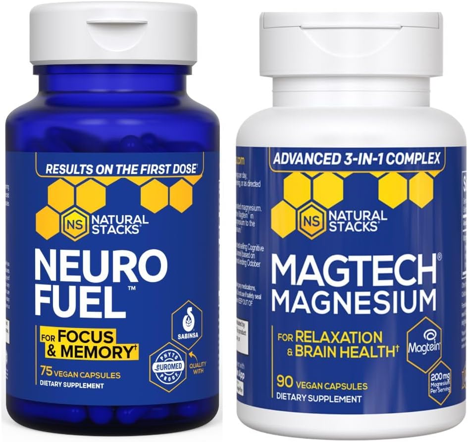 NATUURLIJKE STAKKEN MagTech Magnesium + NeuroFuel Nootrope Bundle - Ondersteunt Ontspanning, Focus & Brain Health* - 165 Totaal Capsules