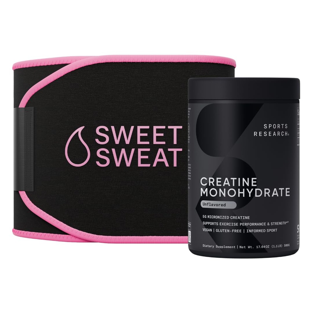 Sports Research® Training Performance Pack - Creatine Monohydrate and Sweet Sweat Waist Trimmer (Black/Pink, Large)