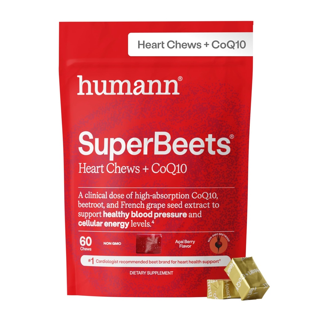 Humann SuperBeets Heart Chews + CoQ10-150mg of CoQ10 Plus Beetroot & Grape Seed Extract, Blood Pressure Support, Support Healthy Blood Flow, Circulation, 60 Count