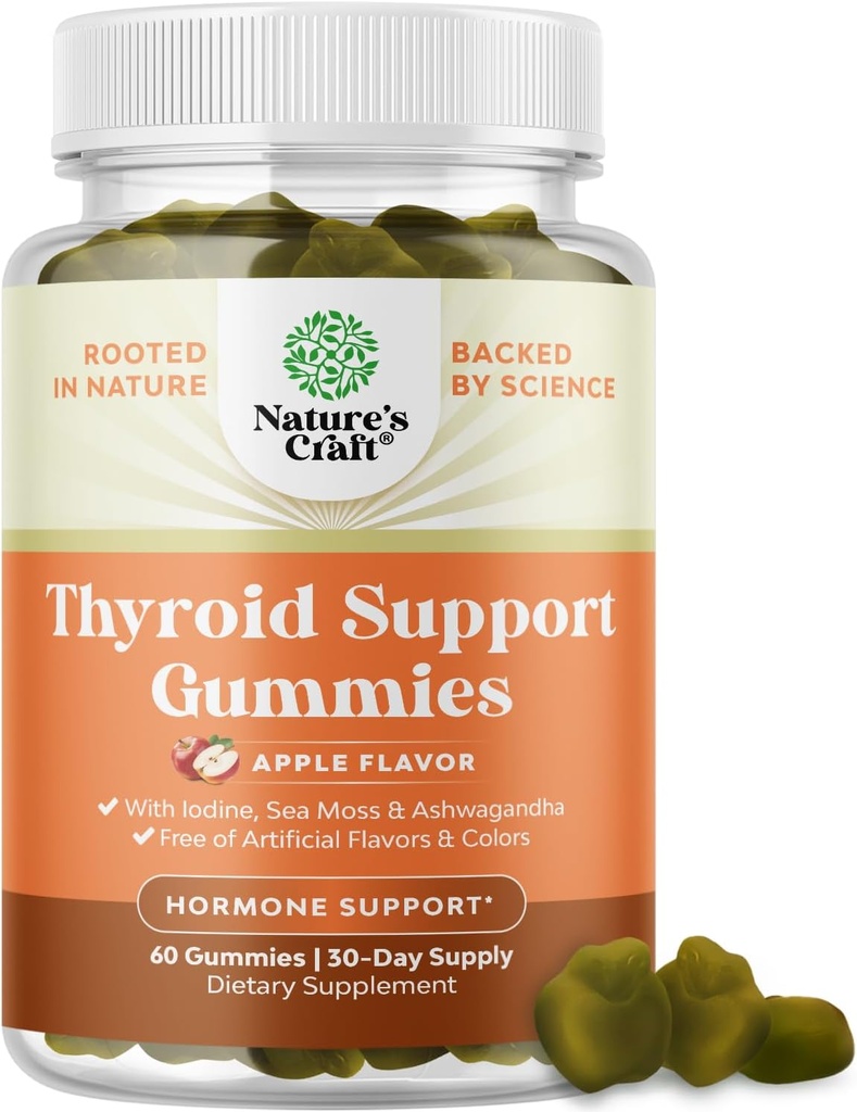 Natures Craft Gummies de Thyroid Vegan con Sea Moss - Gummies de soporte de tiroides para apoio integral para homes e mulleres con Iodine Selenium e outras vitaminas Potent - Gelatin-Free Non-GMO 60