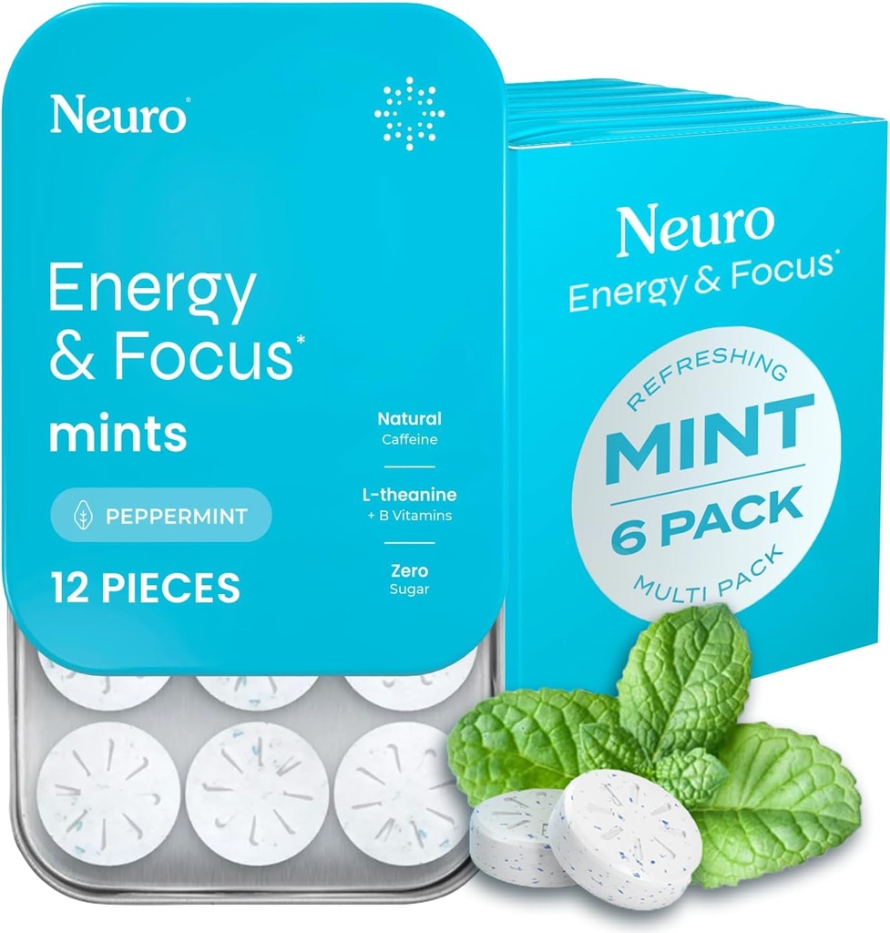 NeuroGum Energy & Focus Mints (72 Count-6 Pack, Peppermint) | 40mg Natural Caffeine + L-Theanine + Vitamin B12 & B6 / Sugar Free Nootropic Biliş Beyin Performansı