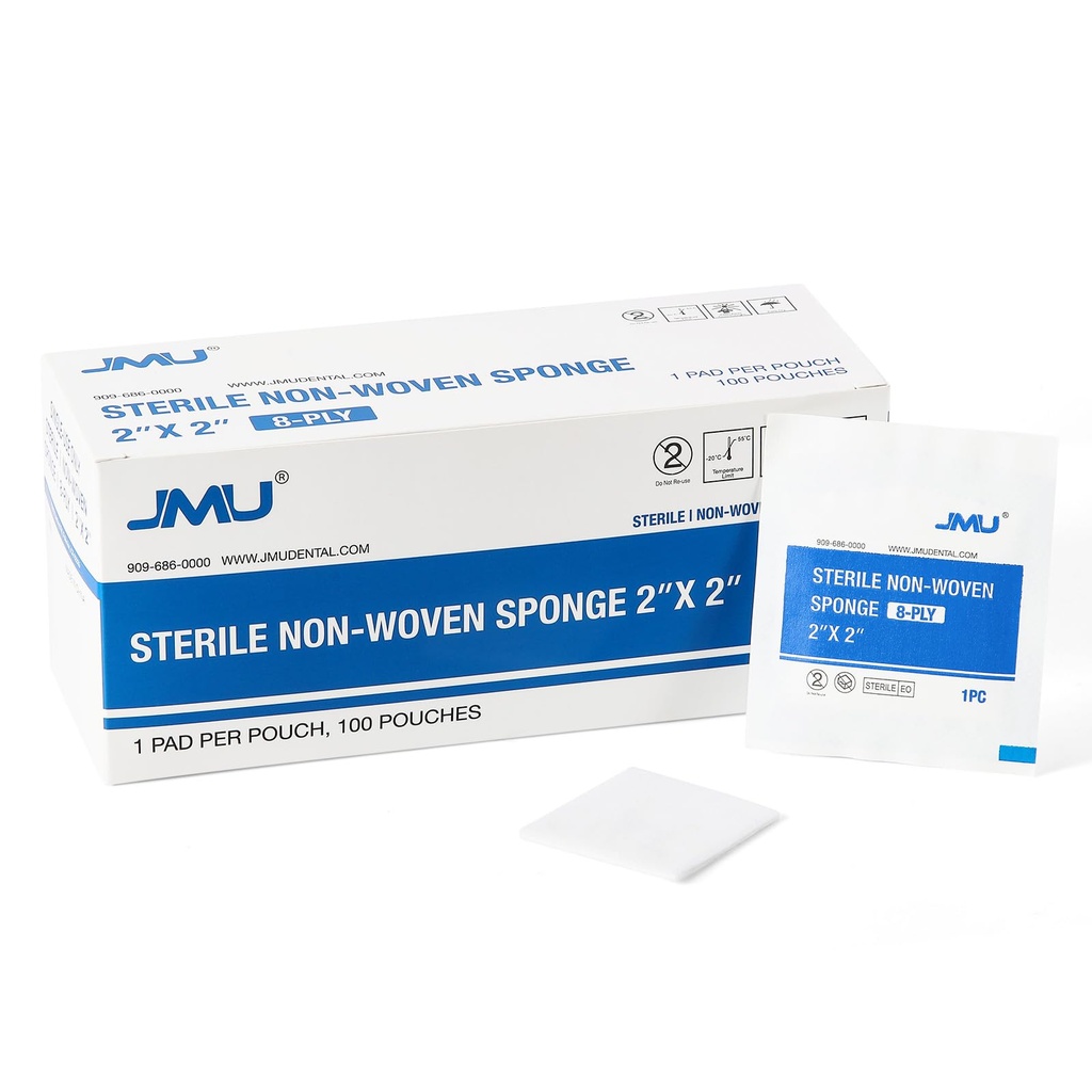 JMU 100 Pack Sterile Gauze Pads 2x2, 8-ply Non-Woven Sterile Gauze Sponges | Highly Absorbent