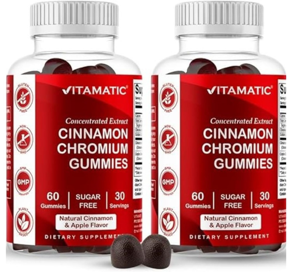 Vitamatic Chromium 100 mcg & Ceylon Cinnamon 50 mg Gummies per Serving– Sugar-Free Supplement – Vegan, Non-GMO, Gluten-Free – Plant-Based Gummies – 60 Count – 2 Pack (120 Count)