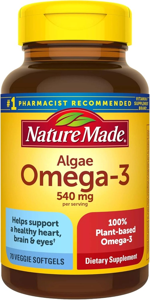 Nature Made Algae Oil Omega 3 Supplement 540mg, Omega 3 Fish Oil Alternative, 70 Veggie Softgels, Sustainable, Plant-Based, Healthy Heart, Brain eta Eye Support, 70 Softgels