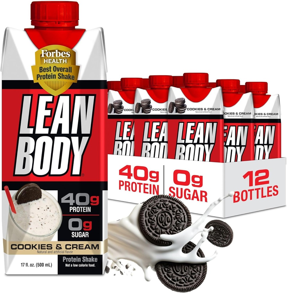 Lean Body Ready-to-Drink Cookies e Cream Protein Shake, 40g Protein, Whey Blend, 0 Sugar, Gluten No, 22 Vitaminas & Minerals, (Carton & Lid reciclable - Pack de 12) LABRADA, 17 Fl Oz (Pack of 12)