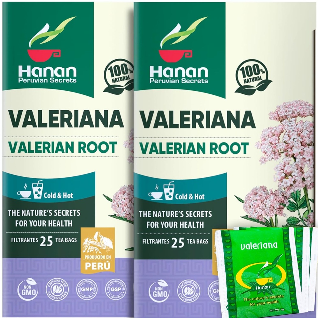 Hanan Valerian Root Tea for Bedtime (50 poser) - Te de Valeriana, Herbal Calming Night Tea - 100% ren, koffeinfri, ikke-GMO, Urt fra Peru - Pakke med 2 bokser