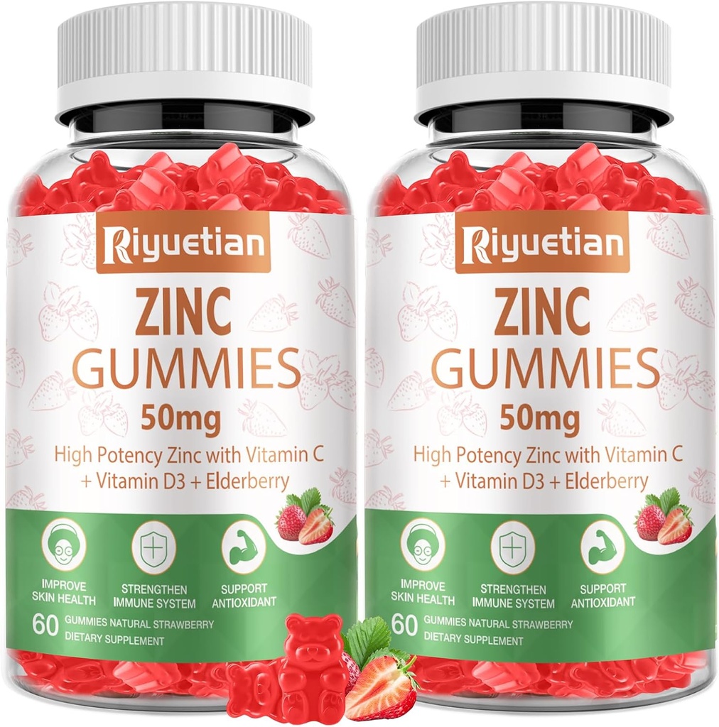 Zinc Gummies 50mg - Vitamina C, D3 & Elderberry, Echinacea, Zinc Immune Health Gummies, Non OGM, Integratori Antiossidanti Naturali per Uomini & Donne, Vegan 2 Pack
