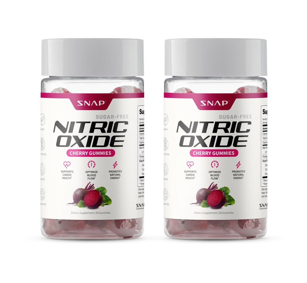 Snap Supplements Nitric Oxide Gummies - Beet Root Extract 300mg, Sugar Free Beetroot Supplement with Pomegranate Powder for Circulation & Natural Energy, 60 Vegan Gummies (2-Pack), Cherry Flavor