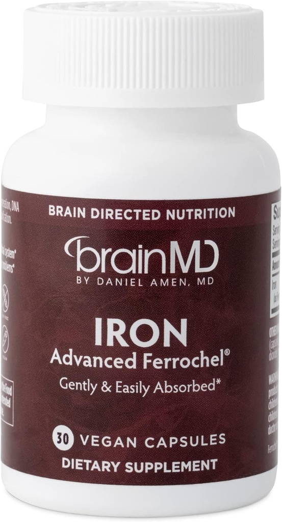 BrainMD Dr Amen Ferro - 30 Cápsulas - Suporta Produção de Energia, Função Cognitiva e Regulamento Gene - Gentil & Facilmente Absorvido - Gluten Free - 30 Servings