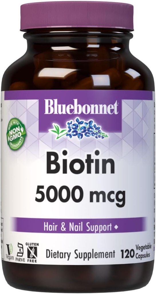 Bluebonnet Nutrition Biotin 5000 mcg, Hair & Nail Support*, Non OGM, Vegan, Kosher Certified, Gluten-Free, Soy-Free, Dairy-Free, 120 Capsule Vegetali, 120 Serve