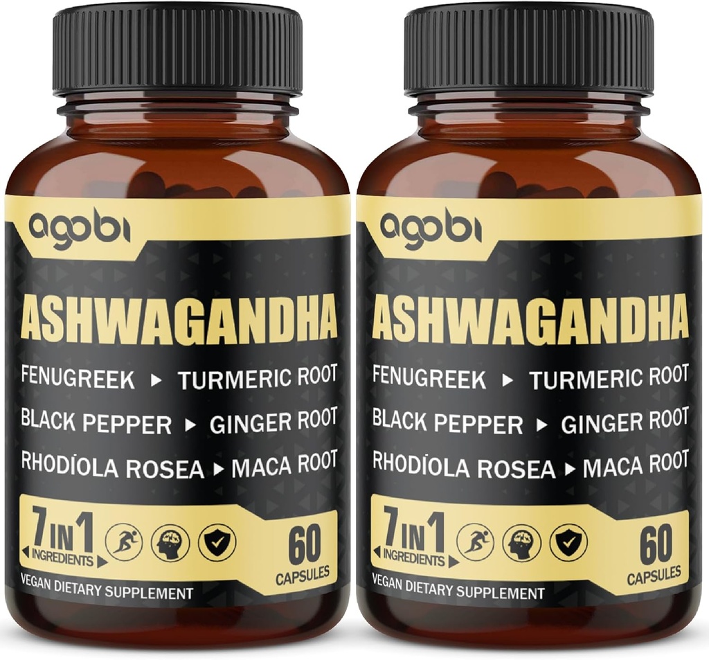 2 Pakker 60 Kapsler - 8050mg Ashwagandha Extract Supplement - 7in1 med Fenugreek, Maca, Turmeric, Rhodiola, Ginger & Black Pepper - Spirit, Immun & Energi Support - 4 måneders forsyning