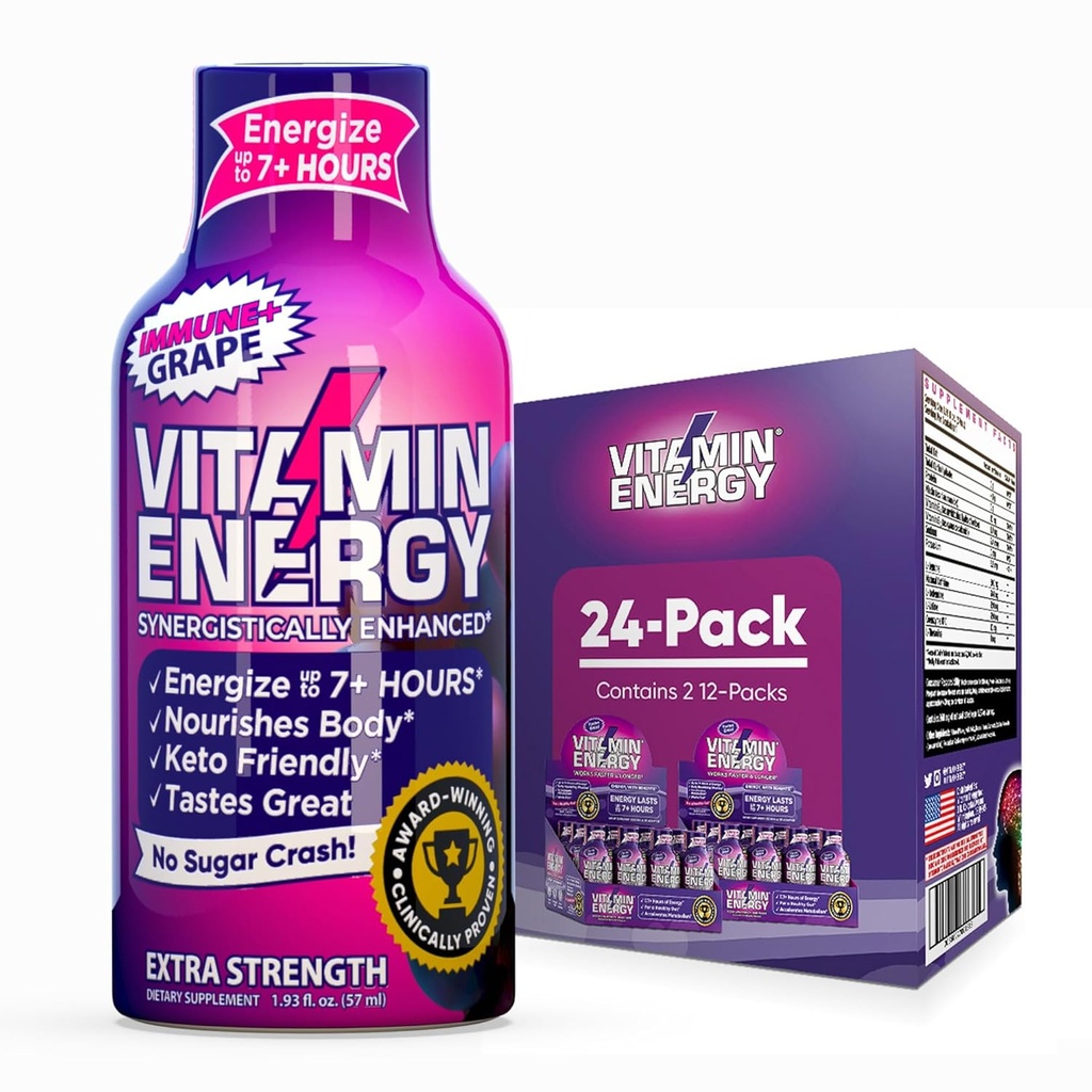 Vitamin Energy Immune+ Extra Strength Energy Shot Grape 24 Pack, 260mg Natürliche Koffein, B-Vitamine, Citicoline, Grüner Tee, Immunität und Fokus-Unterstützung, Zero Sugar, Glutenfreie 1.93 fl oz