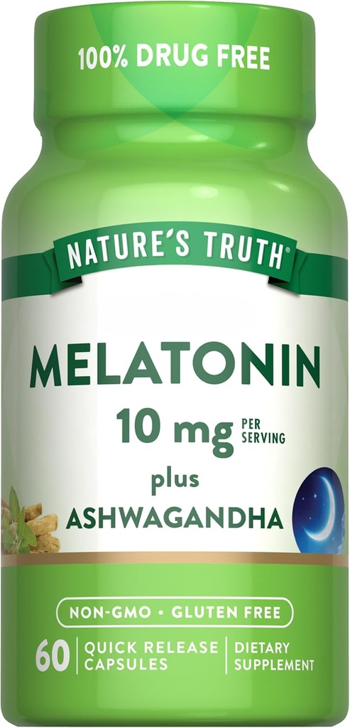 Nature 's Truth Melonatin 10mg dengan Ashwagandha 124; 60 Capsules 124; Non-GMO & Gluten Free Suplemen untuk Dewasa