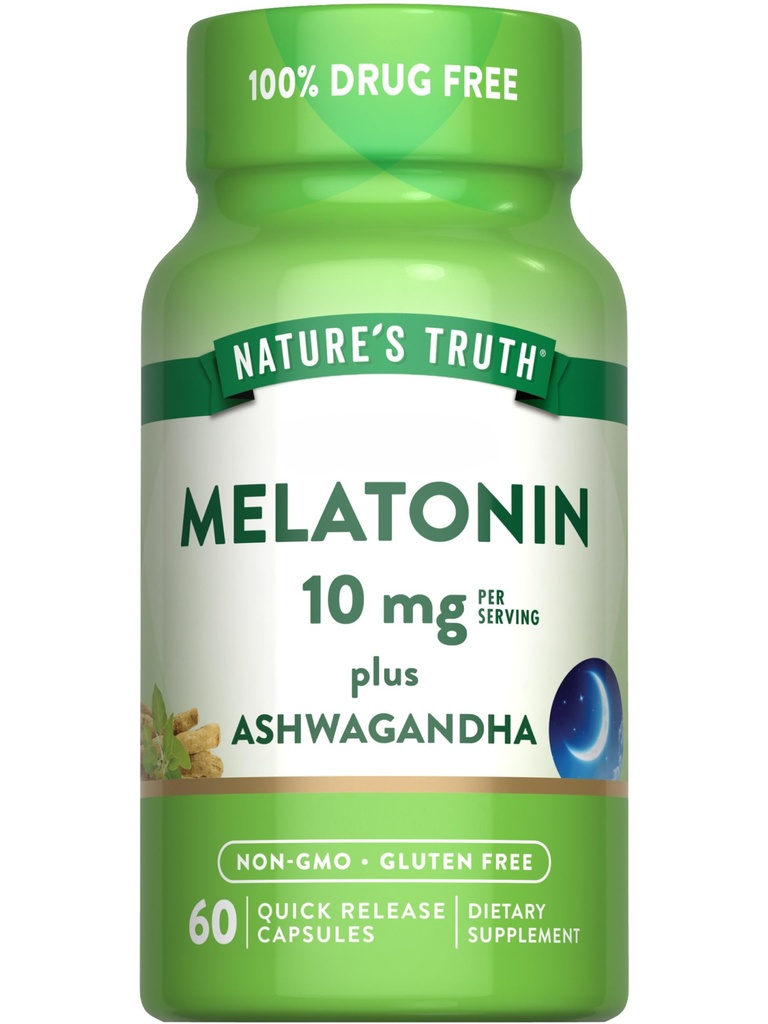 Nature's Truth Melatonin 10mg with Ashwagandha | 60 Capsules | Non-GMO & Gluten Free Supplement for Adults