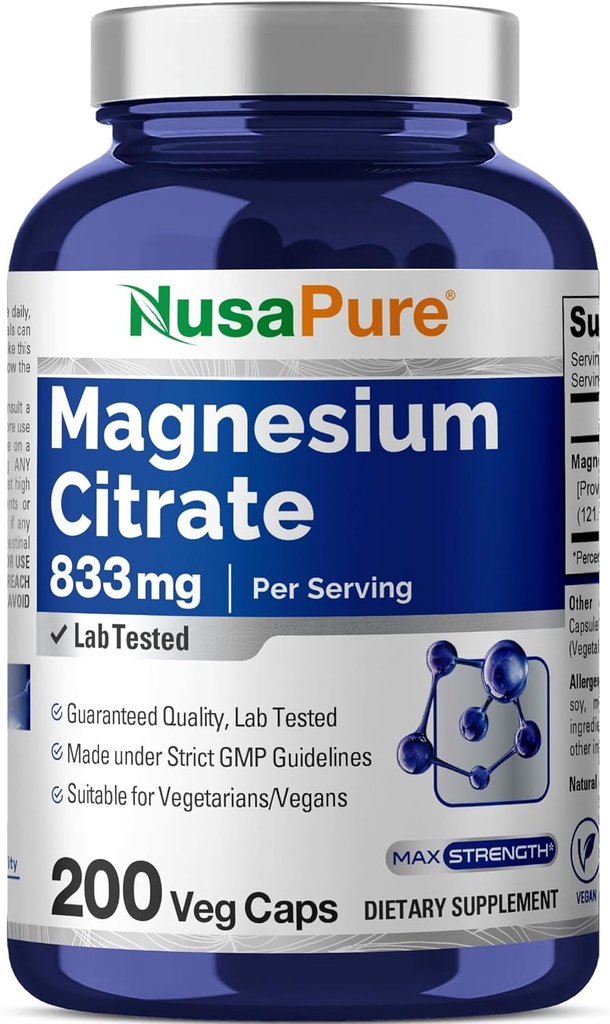 NusaPure Magnesium Citrát 833mg - 200 Veggie Kapsle (Vegetarian, Non- GMO, Vegan)